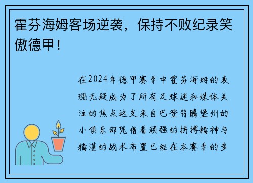 霍芬海姆客场逆袭，保持不败纪录笑傲德甲！