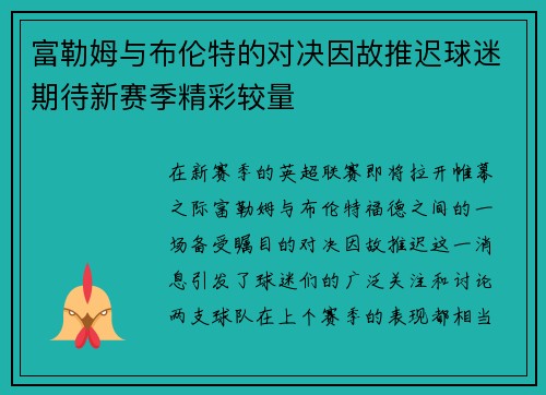 富勒姆与布伦特的对决因故推迟球迷期待新赛季精彩较量